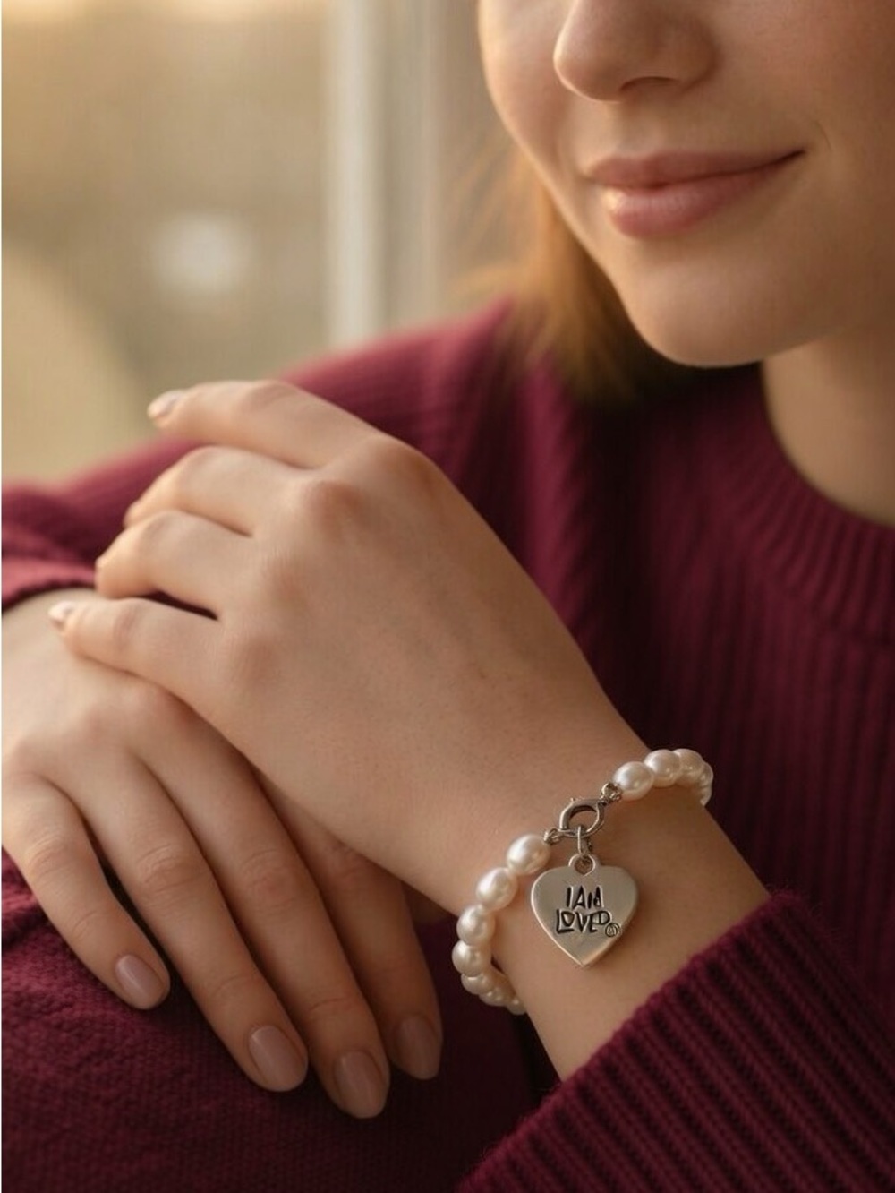 I AM LOVED Freshwater Cultured Pearl Bracelet Heart Charm Sterling Silver Beauty
